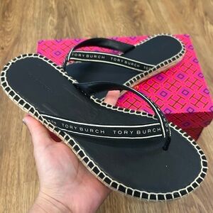 TORY BURCH TB black leather thong espadrille sandals shoes women’s 8.5 new